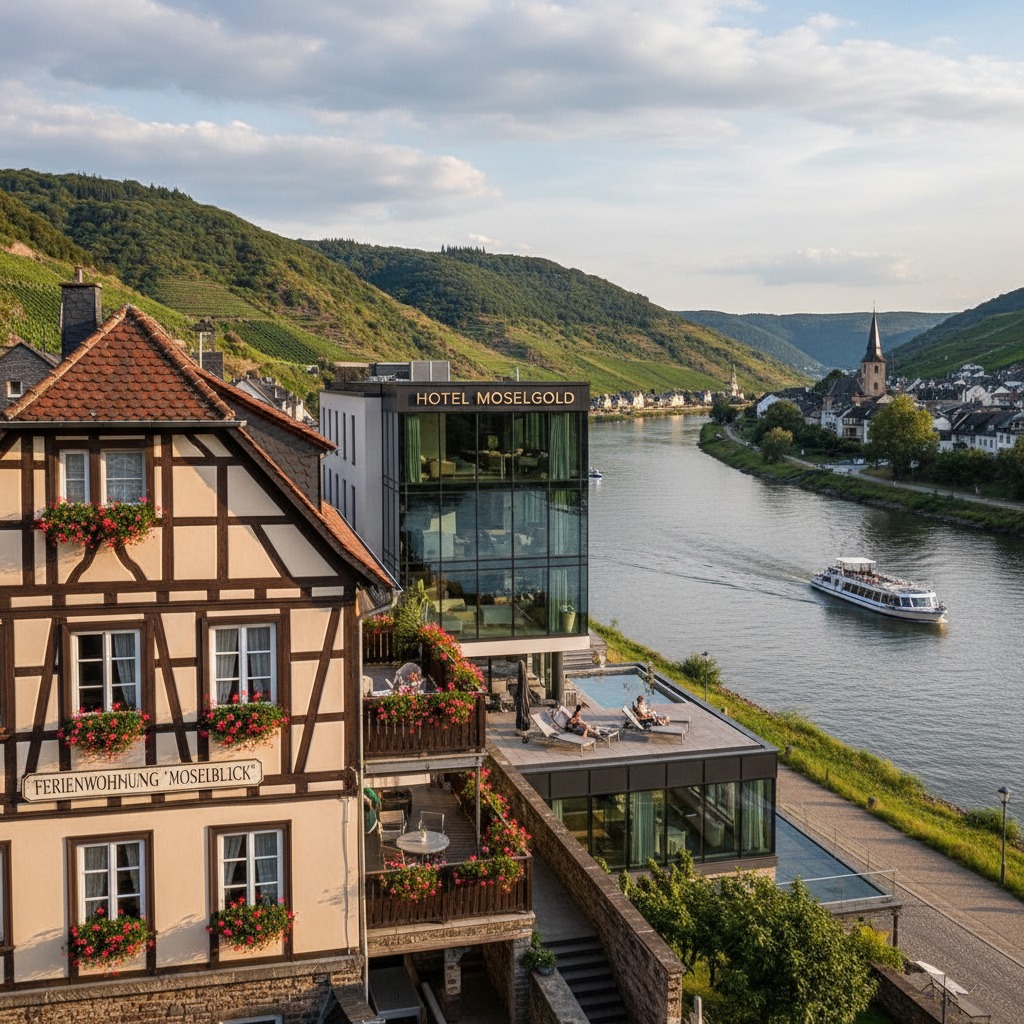 Das Hotel Moselgold mit angrenzendem Fachwerkhaus liegt direkt an der Mosel, auf der ein Ausflugsschiff fährt.